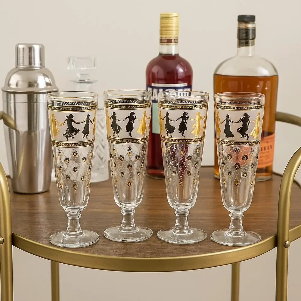 Set of 4 Vintage Aldon Greek Goddess Gold Atomic Barware Pilsner Glasses | MCM
